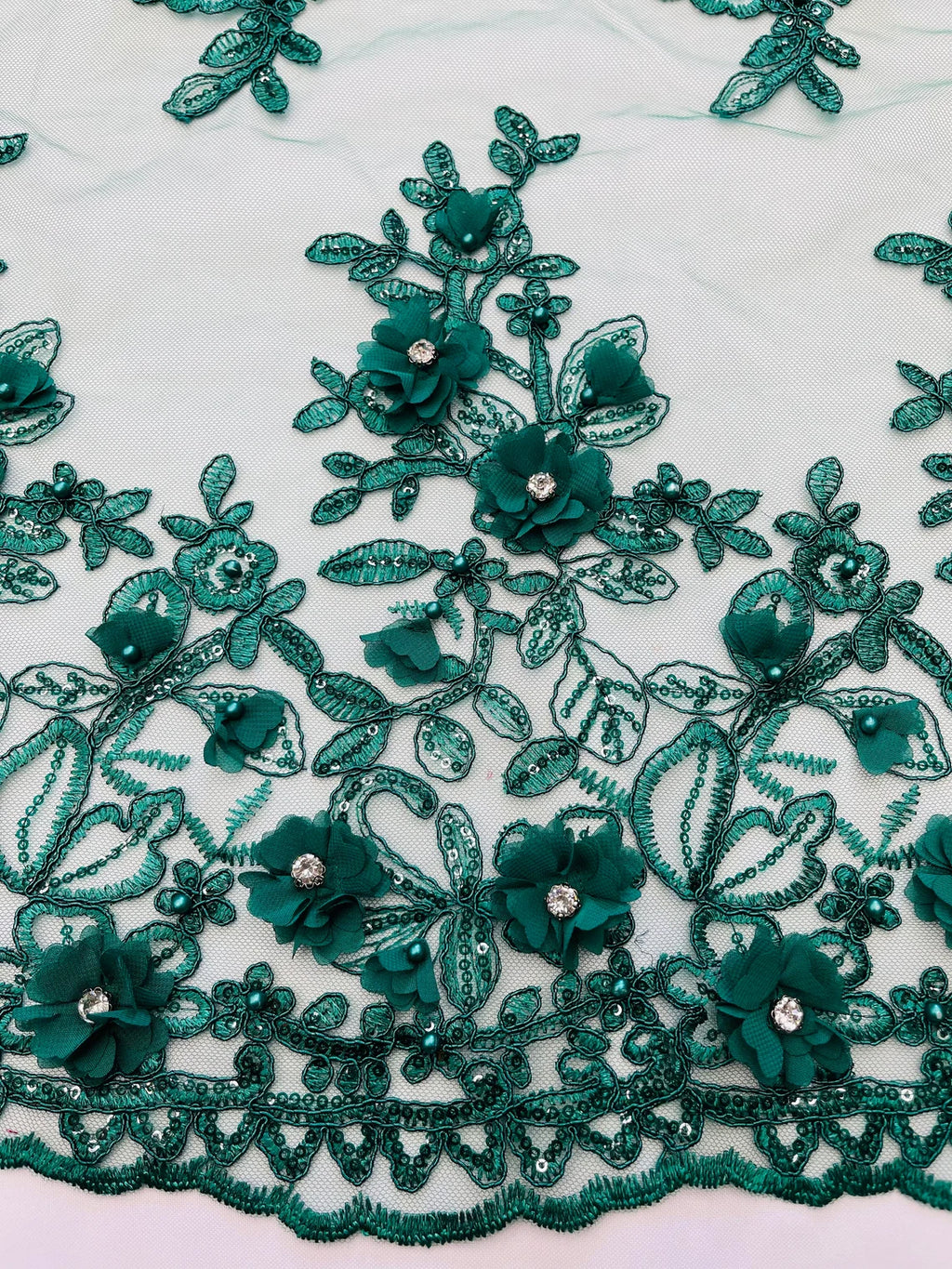 Long Leaf Designs Lace Fabric - Hunter Green - Embroidered Braid Leaf