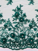 3D Floral Fabric - Hunter Green - Embroidered Flower with Rhinestone and Sequins Fabric By Yard