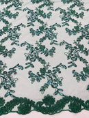 Sequin Lace Floral Fabric - Hunter Green - Flower Embroidered Sequins Lace Fabric Sold By Yard