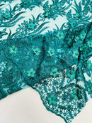3D Floral Leaf Line Panels - Hunter Green - 3D Embroidered Flower Lines with Pearls on Lace By Yard