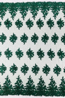 Flower 3D Corded Fabric - Hunter Green - Lace Mesh Fabric Embroidered Floral Design by Yard
