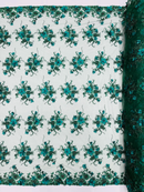 3D Flower Pearl Design - Hunter Green - Embroidered Sequins Floral Clusters Lace Fabric By Yard