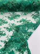 Beaded Sequins Floral Fabric - Hunter Green - Embroidered Beaded Floral Clusters Sequins Fabric By Yard