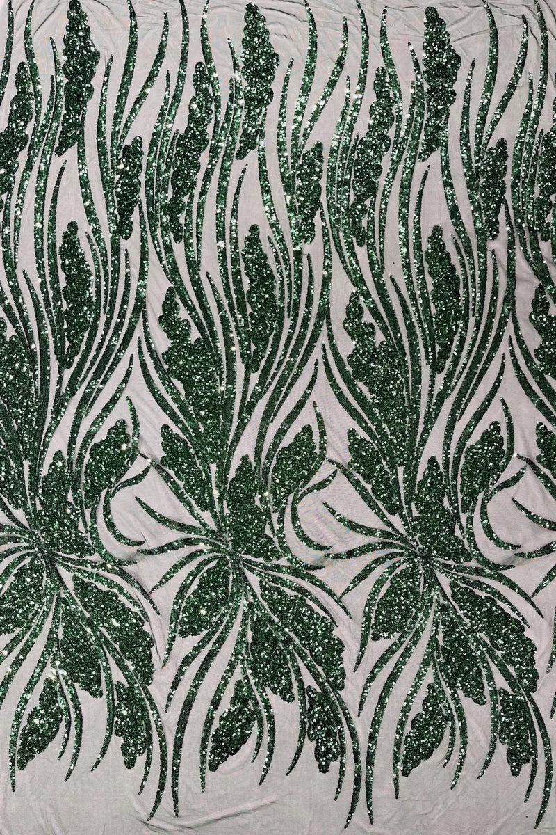 Wavy Leaf Design Fabric - Hunter Green - 4 Way Stretch Sequins Lace Mesh Leaf Design Fabric by Yard