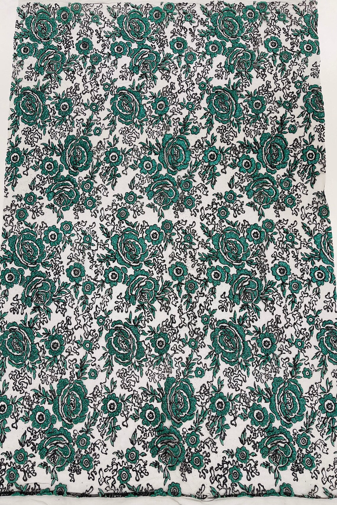 3D Chunky Glitter Rose Fabric - Hunter Green - Flower Glitter Design o