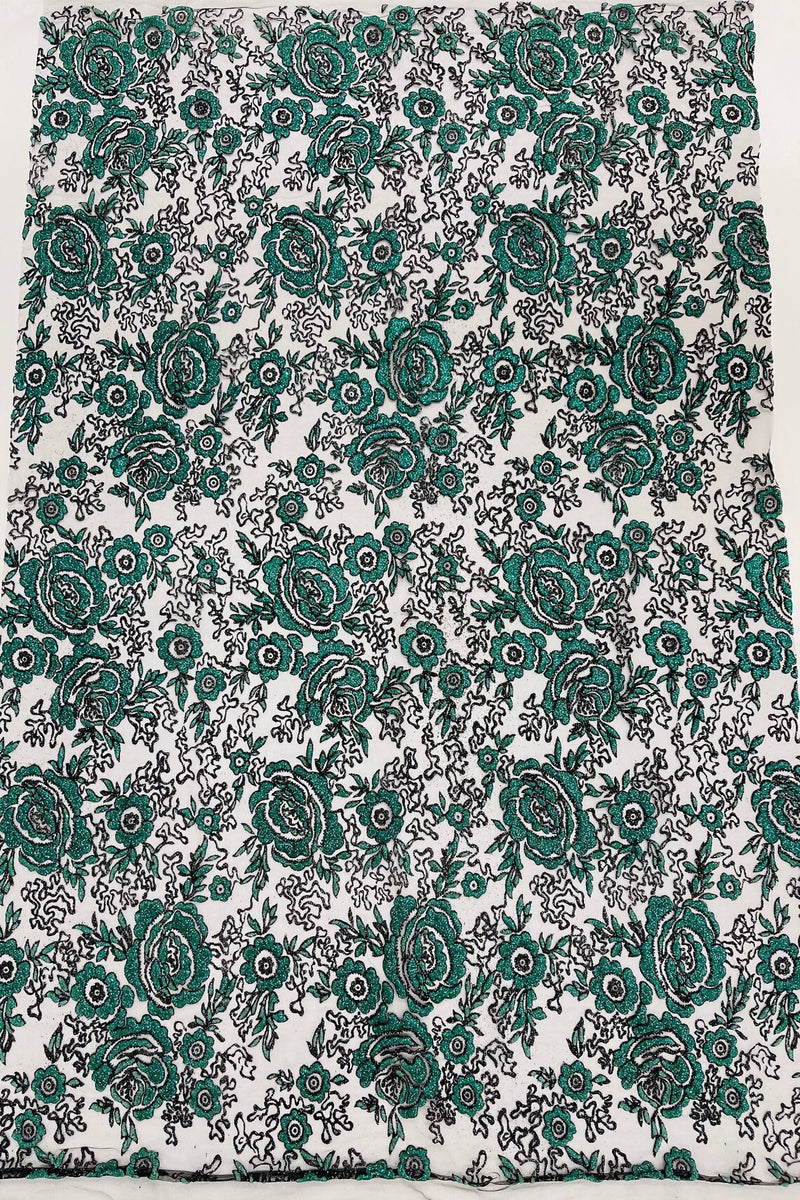 3D Chunky Glitter Rose Fabric - Hunter Green -  Flower Glitter Design on Tulle Fabric Sold by Yard