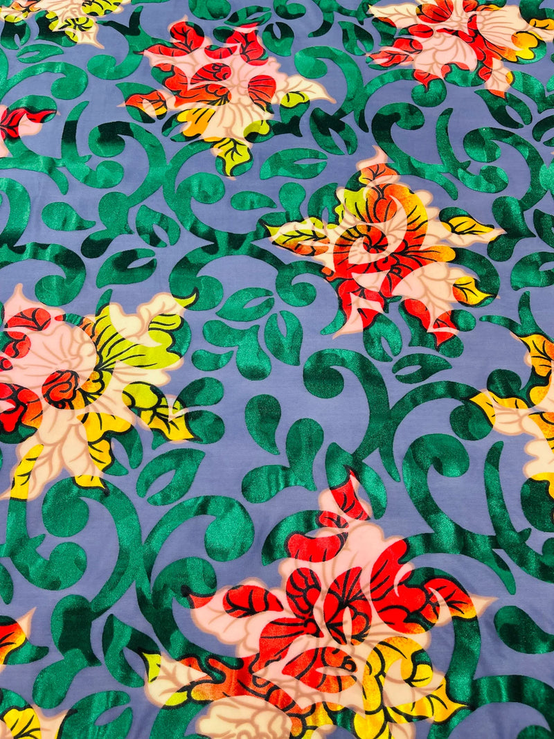 Floral Burnout Stretch Velvet - Hunter Green - Multi-Color Velvet Burnout Fabric Sold By The Yard
