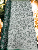 Floral Silver Bead Fabric - Hunter Green - Beaded Flower Design with Sequins on Lace Mesh by Yard