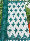 Floral Damask Bead Fabric - Hunter Green - Embroidered Floral Clusters with Beads / Sequins by Yard