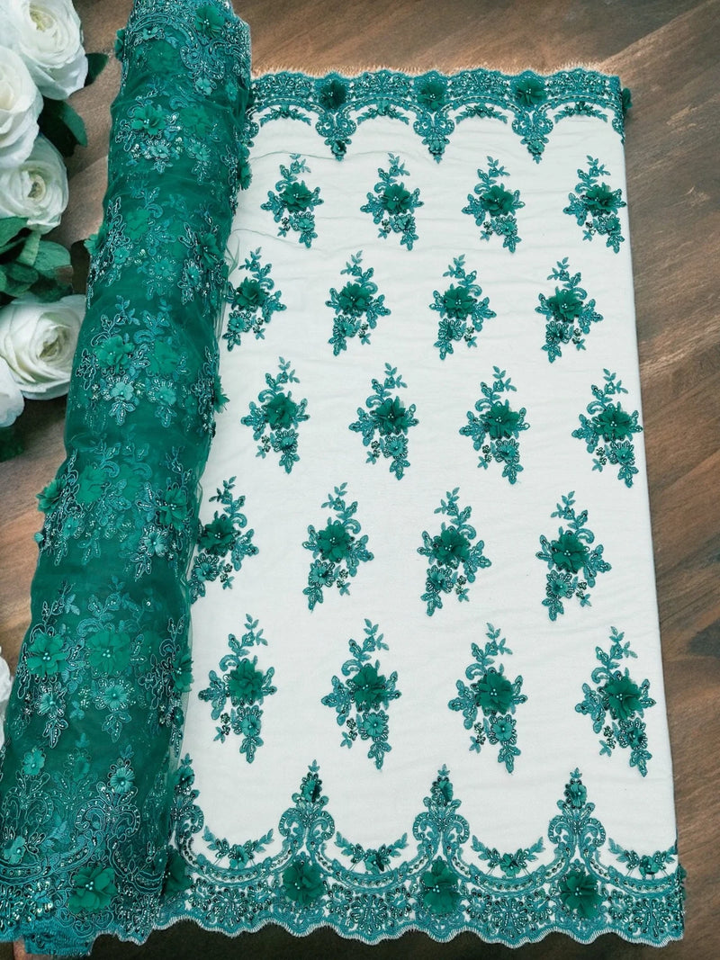 3D Floral Sequins Design - Hunter Green - Embroidered Floral Lace Fabric With Sequins / Pearls By Yard