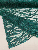 Flaming Fire Design Bead Fabric - Hunter Green - Beaded Embroidered Fabric By Yard