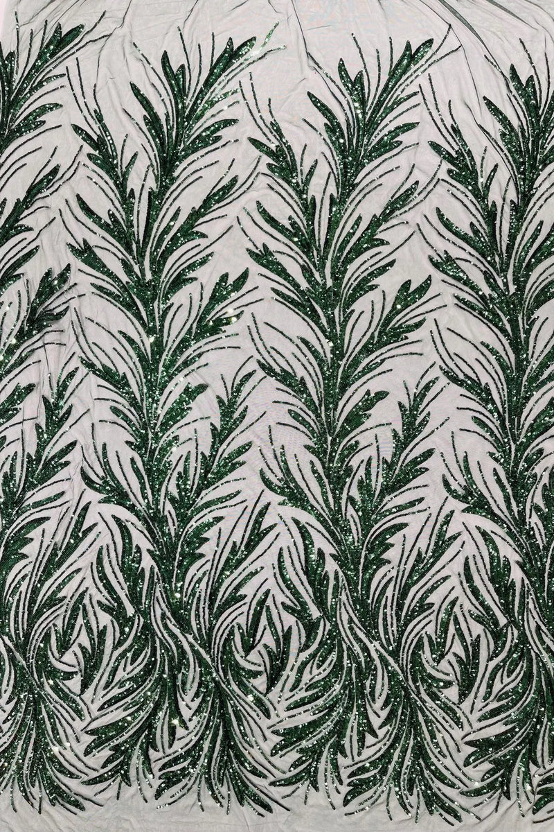 Leaf Stretch Sequins Fabric - Hunter Green - 4 Way Stretch Sequins on Lace Mesh Fabric by Yard