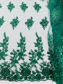 Rose Beaded Sequin Fabric - Hunter Green - Embroidered Floral Pattern with Beads and Sequins By Yard