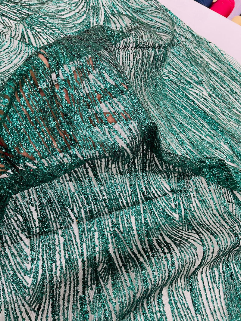 Glitter Lines on Tulle Lace Fabric - Hunter Green - Tulle Glitter Mesh Line Design Fabric Sold By Yard