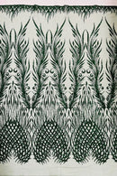 Beaded Embroidered Fabric - Hunter Green - Embroidered Heart and Feather Pattern Fabric Sold By Yard