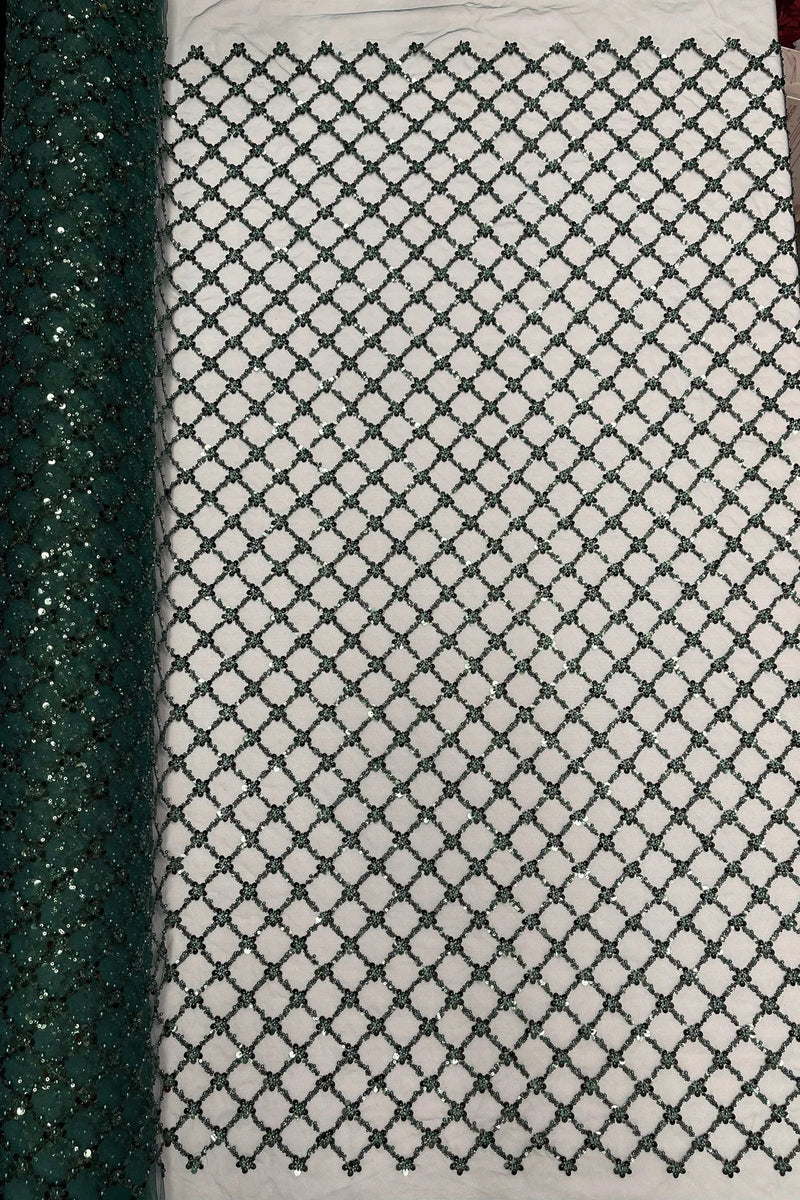 Diamond Net Bead Fabric - Hunter Green - Geometric Embroidery Beaded Sequins Fabric Sold By The Yard