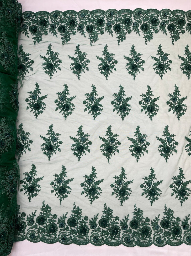 3D Floral Valentina Lace Fabric - Hunter Green - Sequins and Beads on Flower Design Fabric By Yard