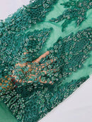Fancy Rhinestone Glitter Fabric - Hunter Green - Embroidered Damask Design Glitter Mesh Fabric by Yard