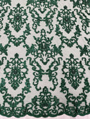 Beaded Butterfly Pattern Fabric - Hunter Green - Damask Fancy Bead Sequins Fabric Sold by Yard