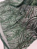 Curvy Design Sequins Fabric - Hunter Green - 4 Way Stretch Curvy Sequins Design Mesh Fabric by Yard