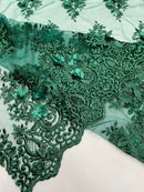 3D Floral Fabric with Pearls - Hunter Green - Embroidered Flower and Leaf Patterns on Lace Fabric by Yard