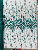 3D Glitter Floral Fabric - Hunter Green - Floral Line Glitter Designs on Mesh Fabric Sold By Yard