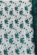 3D Floral Glitter Fabric - Hunter Green - 3D Sequins and Glitter Floral Design on Mesh Sold By Yard