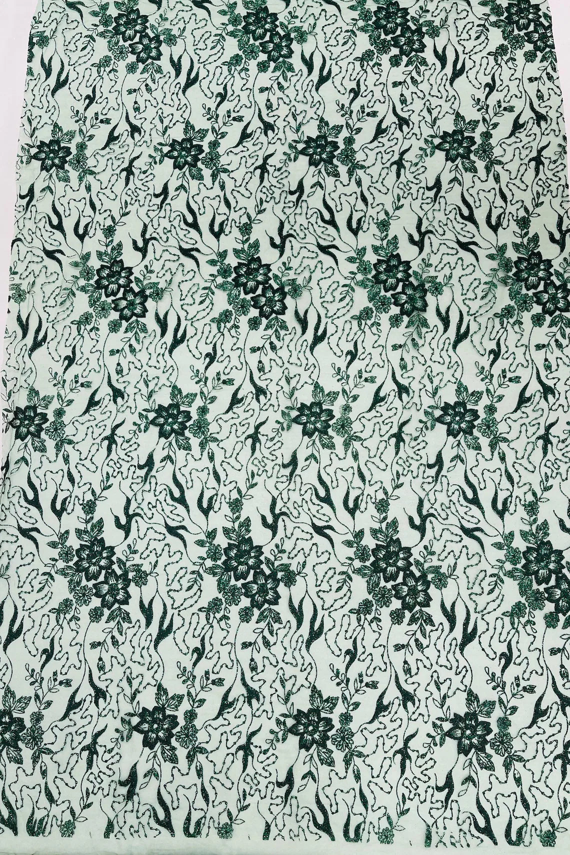 Floral Glitter Design Fabric - Hunter Green - 3D Glitter Tulle Flower