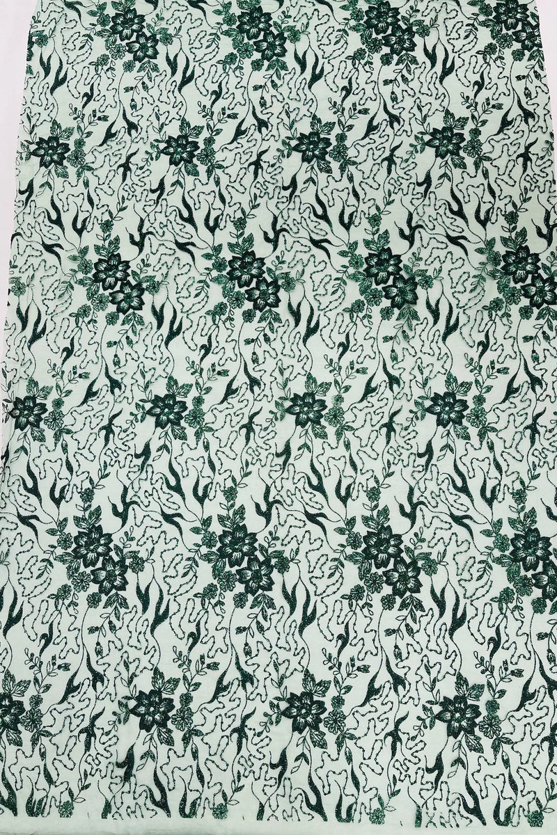 Floral Glitter Design Fabric - Hunter Green - 3D Glitter Tulle Flower Plant Design Fabric By Yard