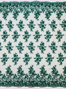 3D Floral Fabric - Hunter Green - Embroidered Flower with Rhinestone and Sequins Fabric By Yard