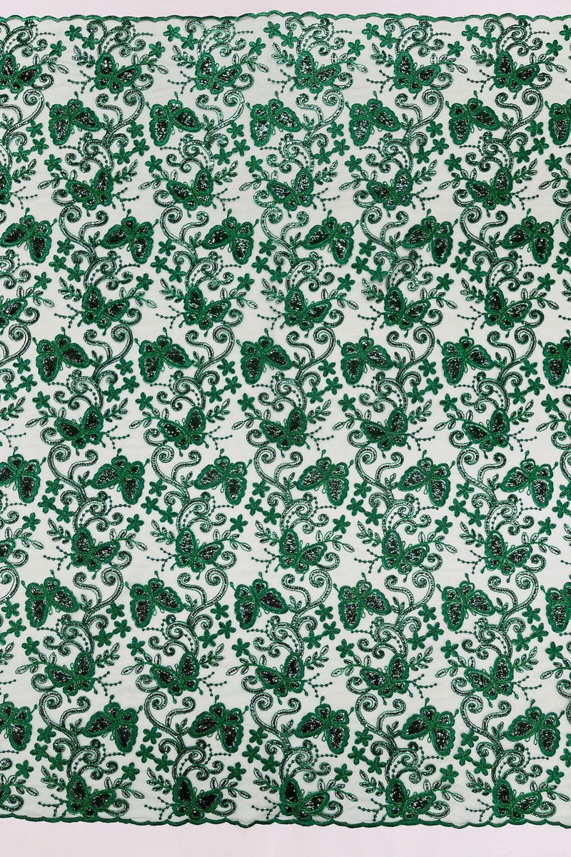 Butterfly Floral Lace Fabric - Hunter Green - Butterfly Flower Metallic Design on Lace Fabric By Yard