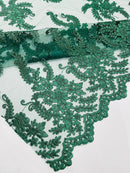 Braid Leaf Designs Lace Fabric - Hunter Green - Embroidered Floral Leaf Pattern on Lace Mesh Fabric By Yard