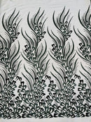 Wavy Lines Leaf Bead Fabric - Hunter Green - Embroidered Leaf Beaded Mesh By Yard