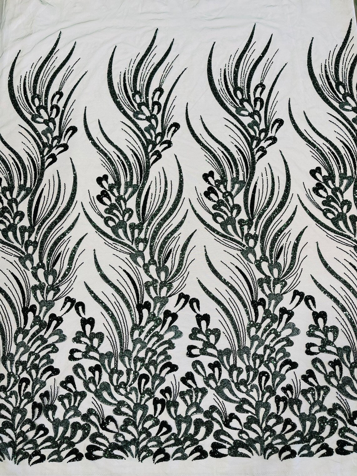 Beaded Embroidered Fabric - Hunter Green - Embroidered Heart and Feather Pattern Fabric Sold By Yard