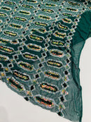 Geometric Stretch Sequin - Hunter Green - Fancy Gem Design on Mesh By Yard