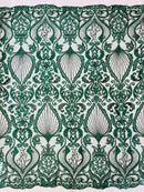 Leaf Damask Bead Fabric - Hunter Green - Embroidered Sequins Heavy Beaded Lace Fabric by Yard
