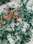 3D Butterfly Sequins Bead Fabric - Hunter Green - Sequins Embroidered Beaded Fabric By Yard