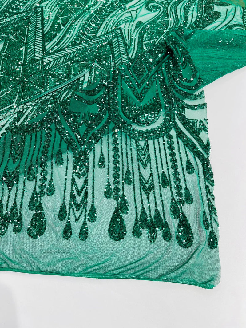 Zig Zag Tear Drop Sequins - Hunter Green - Embroidered Zig Zag Sequins 4 Way Stretch By Yard