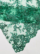 Plant Design Lace Fabric - Hunter Green - Small Plant Flower Leaf Design Lace Fabric Sold By Yard
