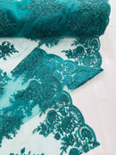Flower Lace Sequins Fabric - Hunter Green - Embroidered Floral Pattern Fabric with Sequins on Lace By Yard