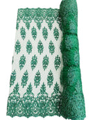 Embroidered Bead Fabric - Hunter Green - Floral Damask Bead Bridal Lace Fabric by the yard