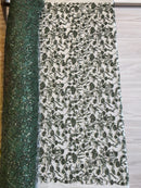 Floral Plant Bead Design - Hunter Green - Beaded Flower Plants Embroidered  Sequins Fabric By Yard