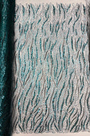 Wavy Leaf Lines Fabric - Hunter Green - Beaded Sequins Leaf Pattern Embroidered On Mesh By Yard