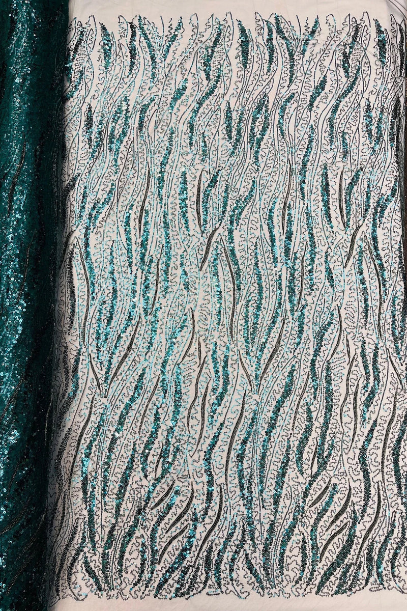 Wavy Leaf Lines Fabric - Hunter Green - Beaded Sequins Leaf Pattern Embroidered On Mesh By Yard