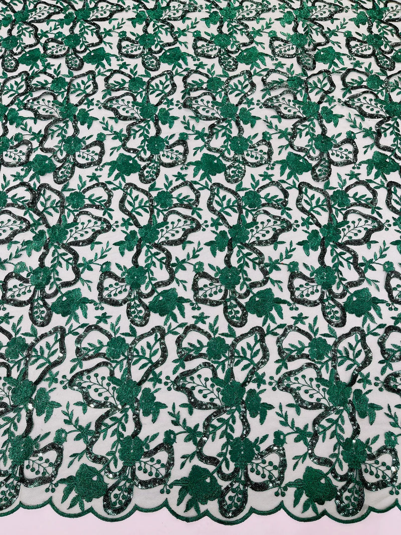 Flower Plant Sequins Fabric - Hunter Green - Embroidered Sequins On Flower Pattern Lace By Yard