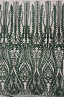 Mermaid Design Fabric - Hunter Green - 4 Way Stretch Sequins Fabric on Lace Mesh Sold By Yard