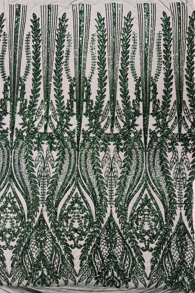 Mermaid Design Fabric - Hunter Green - 4 Way Stretch Sequins Fabric on Lace Mesh Sold By Yard