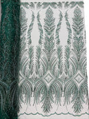 Beaded Line Fabric - Hunter Green - Luxury Bridal Line Pattern Fabric With Beads, Sequins Sold By Yard