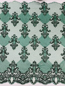 King Damask Lace Fabric - Hunter Green - Corded Embroidery with Sequins on Mesh Lace Fabric By Yard