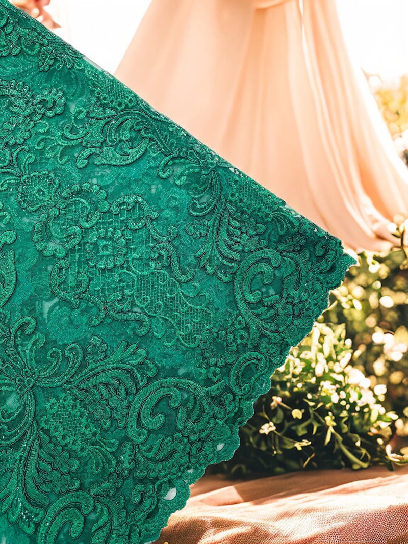 King Lace Design Fabric - Hunter Green - King Design with Sequins Embroidered On Mesh By Yard